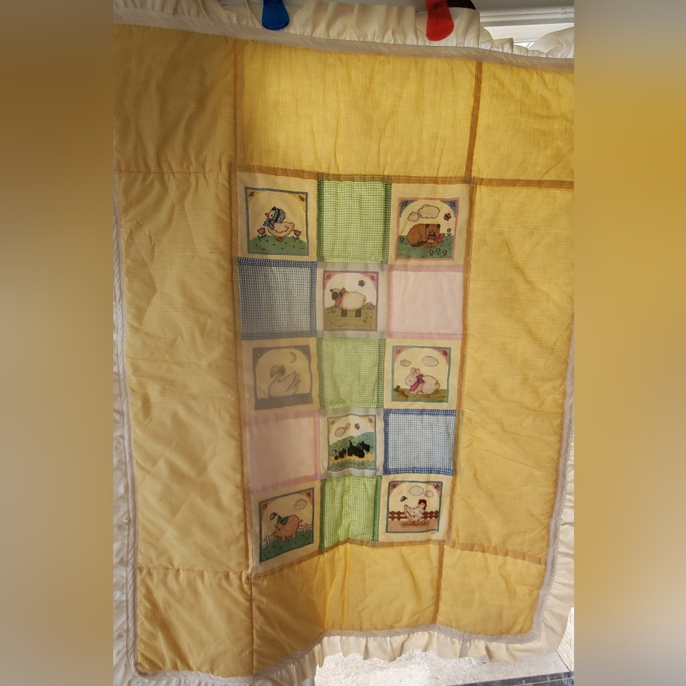 VTG Embroidered Baby Quilt 33x42 Cross Stitch 1980s Farm Animals Gingham Crib